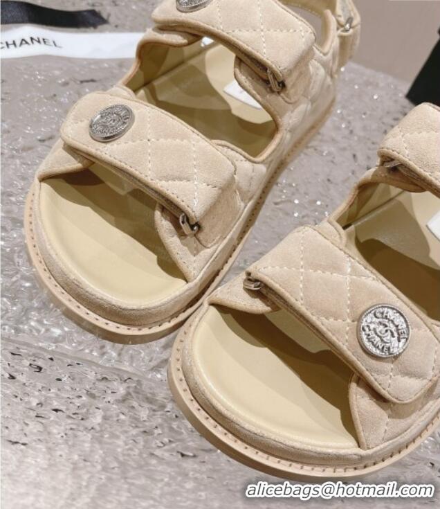 Famous Chanel Suede Strap Flat Sandals Beige 108057