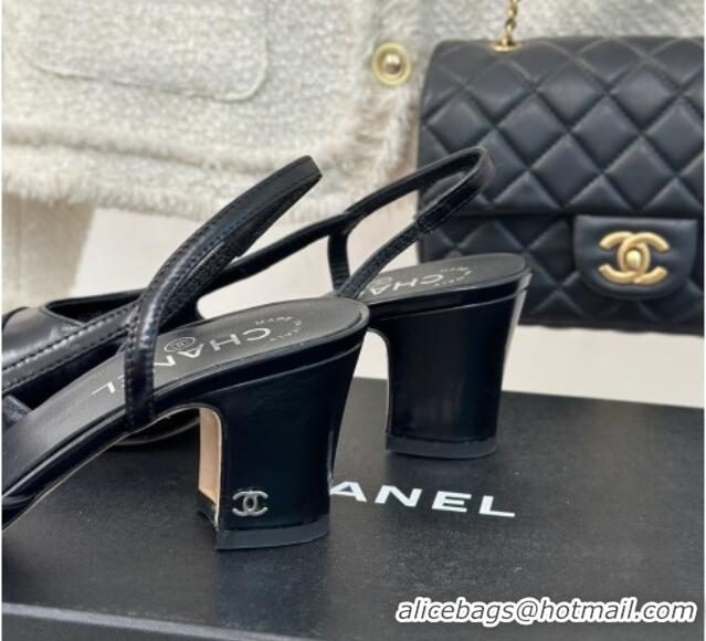 Top Grade Chanel Calfskin Leather Slingbacks Pumps 6.5cm Heel G31318 Black 411002