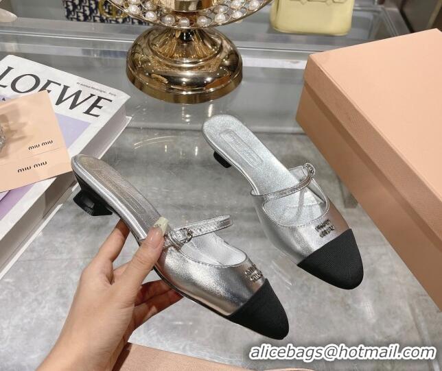 Best Grade Miu Miu Mordoré metallic leather heel mules 3.5cm silver 108068