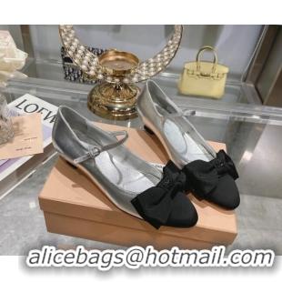 Hot Style Miu Miu Metallic Leather Pumps Mary Janes 3.5cm with Bow Silver 108072