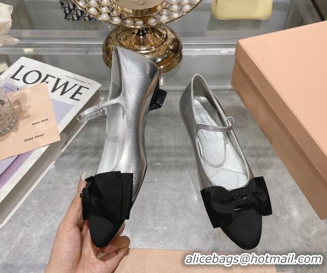 Hot Style Miu Miu Metallic Leather Pumps Mary Janes 3.5cm with Bow Silver 108072