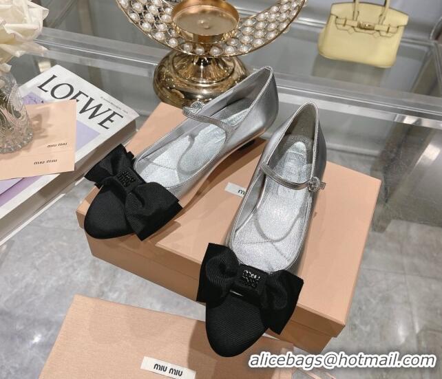 Hot Style Miu Miu Metallic Leather Pumps Mary Janes 3.5cm with Bow Silver 108072