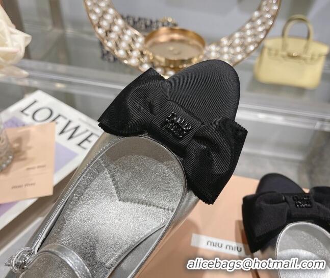 Hot Style Miu Miu Metallic Leather Pumps Mary Janes 3.5cm with Bow Silver 108072