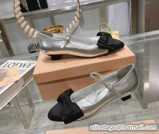 Hot Style Miu Miu Metallic Leather Pumps Mary Janes 3.5cm with Bow Silver 108072