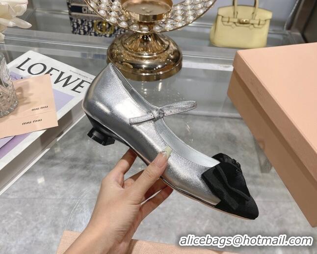 Hot Style Miu Miu Metallic Leather Pumps Mary Janes 3.5cm with Bow Silver 108072