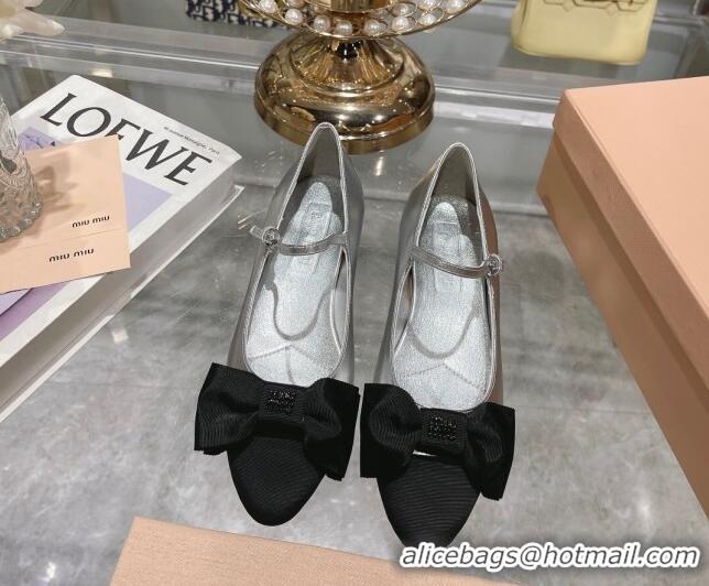 Hot Style Miu Miu Metallic Leather Pumps Mary Janes 3.5cm with Bow Silver 108072