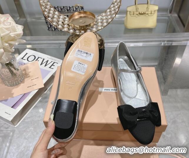 Hot Style Miu Miu Metallic Leather Pumps Mary Janes 3.5cm with Bow Silver 108072