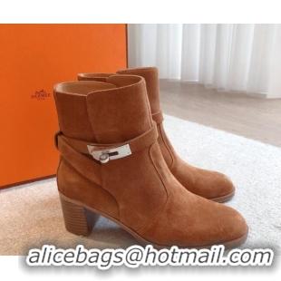 Grade Quality Hermes Frenchie Heel Ankle Boots 5cm in Suede Brown 103139