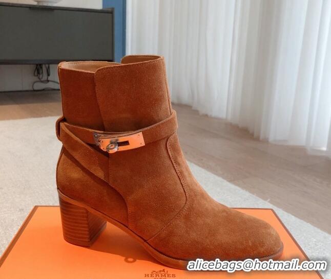 Grade Quality Hermes Frenchie Heel Ankle Boots 5cm in Suede Brown 103139