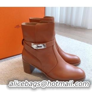 Low Cost Hermes Frenchie Heel Ankle Boots 5cm in Calfskin Brown 0103141