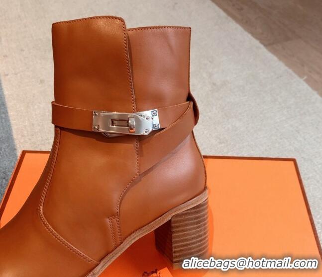 Low Cost Hermes Frenchie Heel Ankle Boots 5cm in Calfskin Brown 0103141