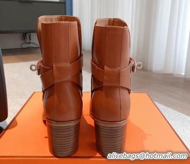 Low Cost Hermes Frenchie Heel Ankle Boots 5cm in Calfskin Brown 0103141