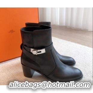 Shop Duplicate Hermes Frenchie Heel Ankle Boots 5cm in Calfskin Black 103142