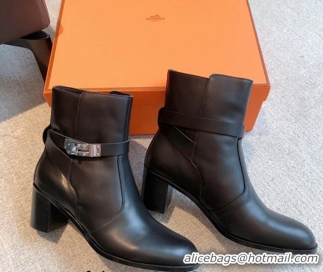 Shop Duplicate Hermes Frenchie Heel Ankle Boots 5cm in Calfskin Black 103142