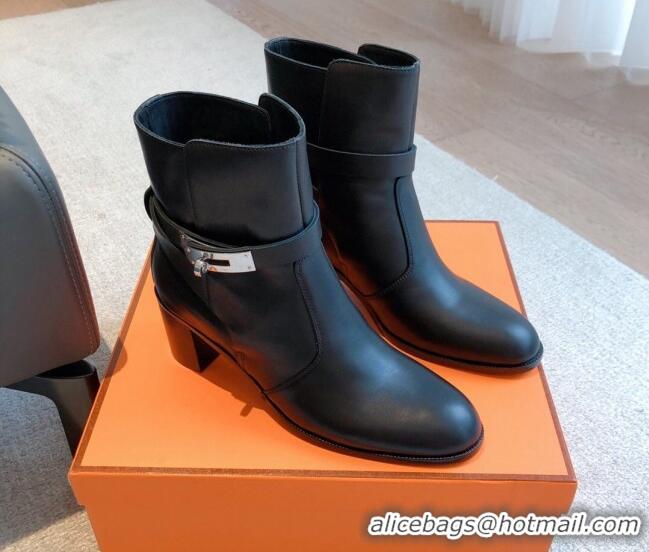 Shop Duplicate Hermes Frenchie Heel Ankle Boots 5cm in Calfskin Black 103142