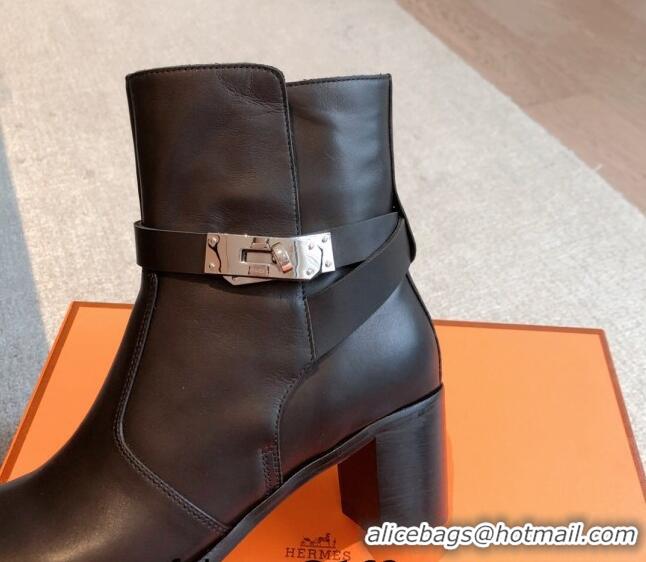 Shop Duplicate Hermes Frenchie Heel Ankle Boots 5cm in Calfskin Black 103142