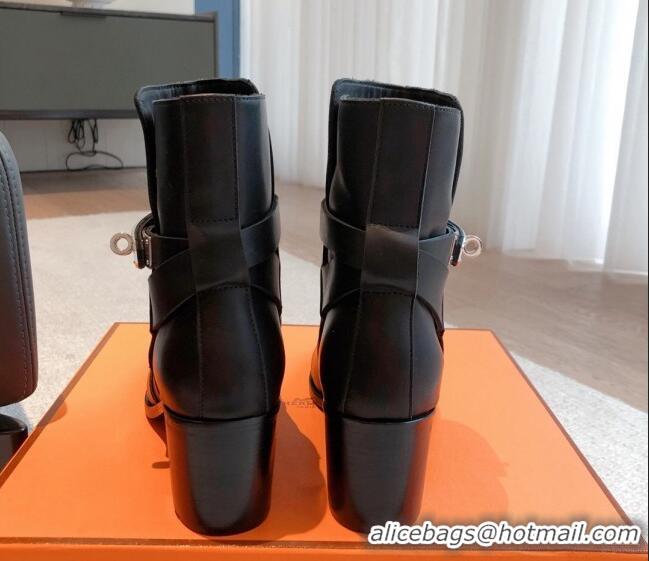 Shop Duplicate Hermes Frenchie Heel Ankle Boots 5cm in Calfskin Black 103142