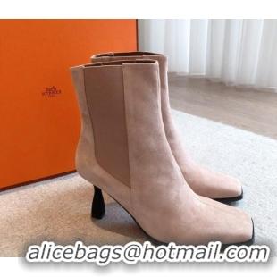 Popular Style Hermes Gill Heel Ankle Boots 7cm in Suede Nude 0103143