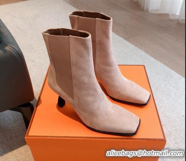 Popular Style Hermes Gill Heel Ankle Boots 7cm in Suede Nude 0103143