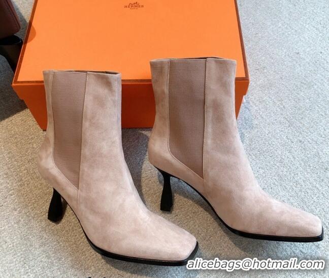 Popular Style Hermes Gill Heel Ankle Boots 7cm in Suede Nude 0103143