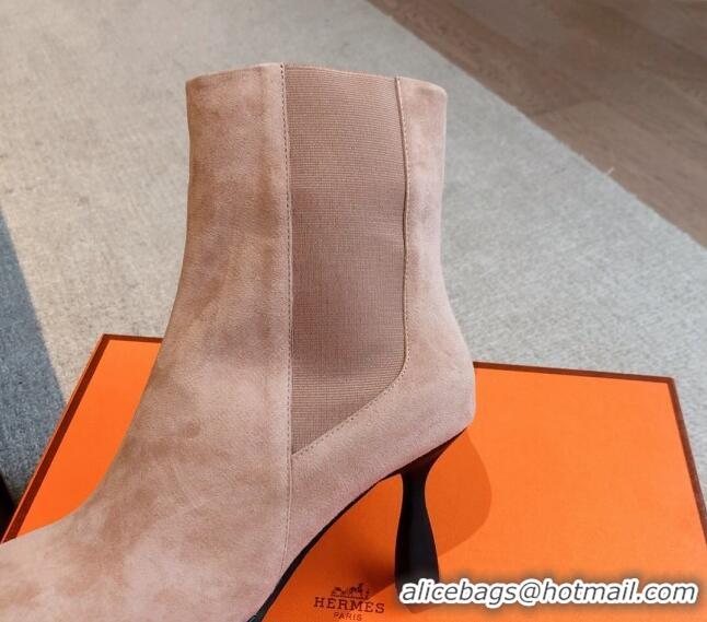 Popular Style Hermes Gill Heel Ankle Boots 7cm in Suede Nude 0103143