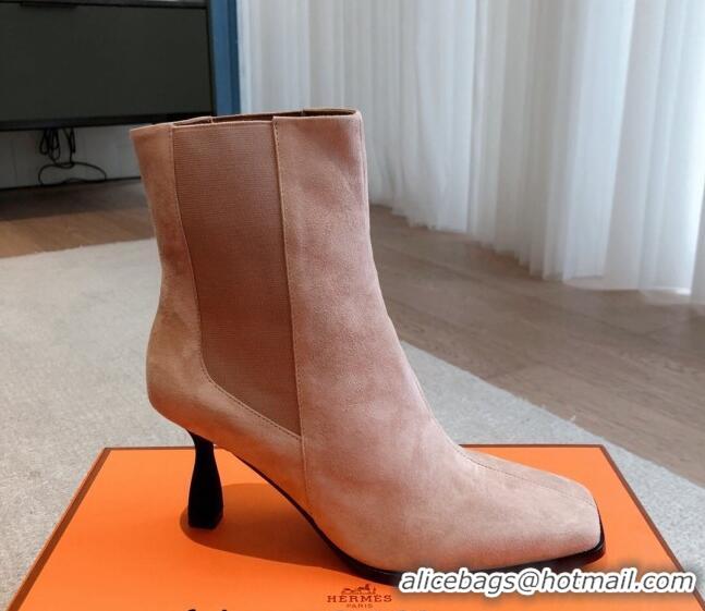 Popular Style Hermes Gill Heel Ankle Boots 7cm in Suede Nude 0103143