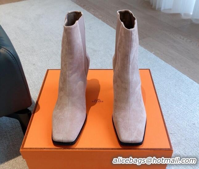 Popular Style Hermes Gill Heel Ankle Boots 7cm in Suede Nude 0103143