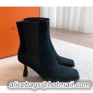 Luxury Hermes Gill Heel Ankle Boots 7cm in Suede Black 103145