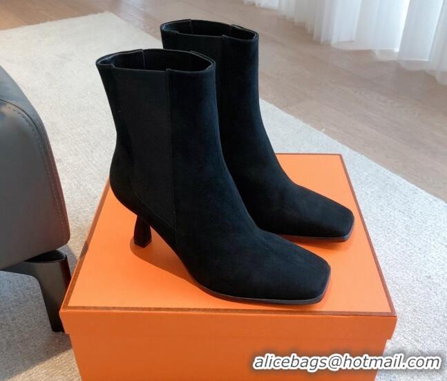 Luxury Hermes Gill Heel Ankle Boots 7cm in Suede Black 103145