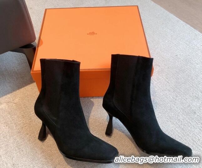 Luxury Hermes Gill Heel Ankle Boots 7cm in Suede Black 103145