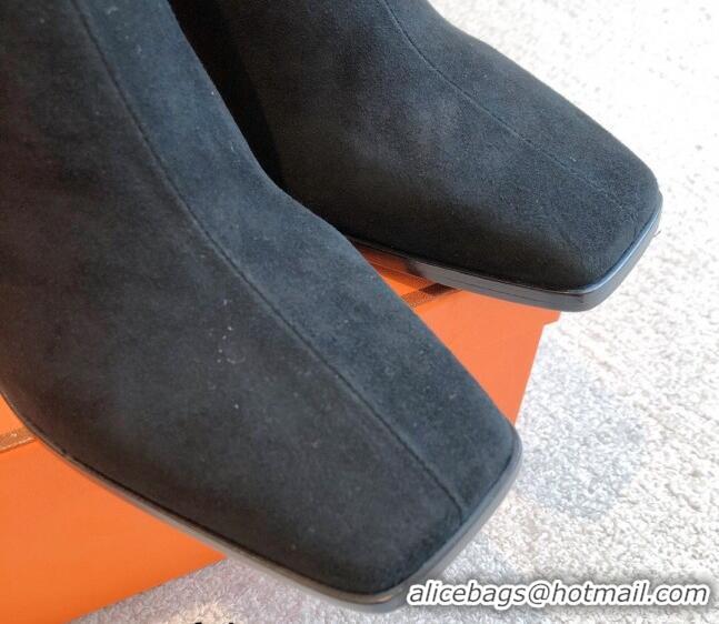 Luxury Hermes Gill Heel Ankle Boots 7cm in Suede Black 103145