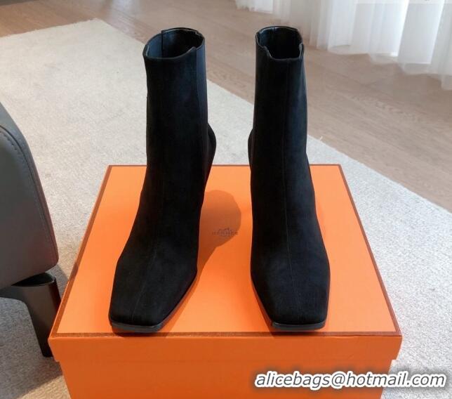 Luxury Hermes Gill Heel Ankle Boots 7cm in Suede Black 103145