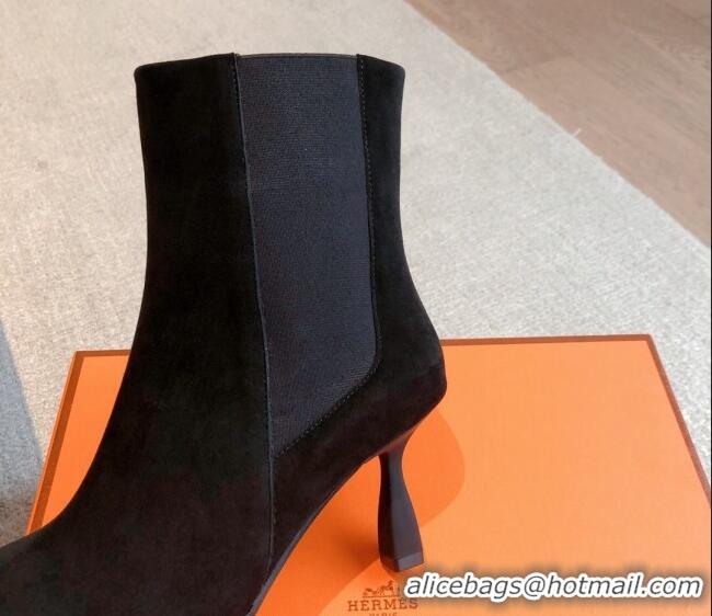 Luxury Hermes Gill Heel Ankle Boots 7cm in Suede Black 103145