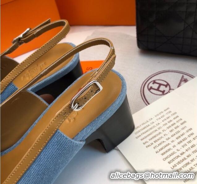 Good Quality Hermes Infinie Slingback Pumps 5cm in Denim Light Blue 104001