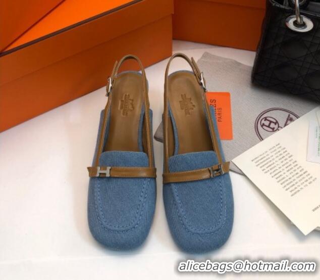 Good Quality Hermes Infinie Slingback Pumps 5cm in Denim Light Blue 104001