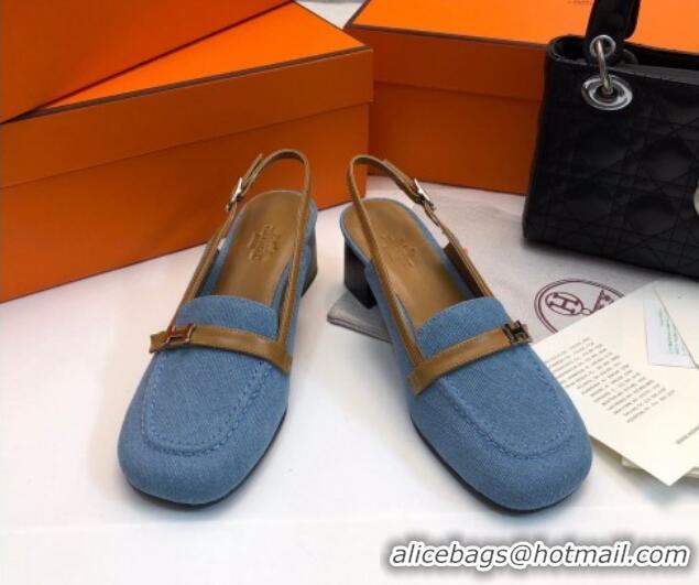 Good Quality Hermes Infinie Slingback Pumps 5cm in Denim Light Blue 104001