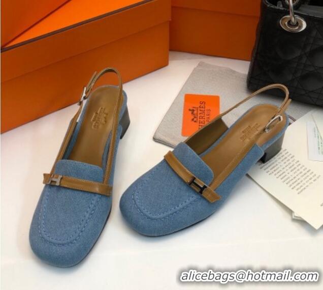 Good Quality Hermes Infinie Slingback Pumps 5cm in Denim Light Blue 104001