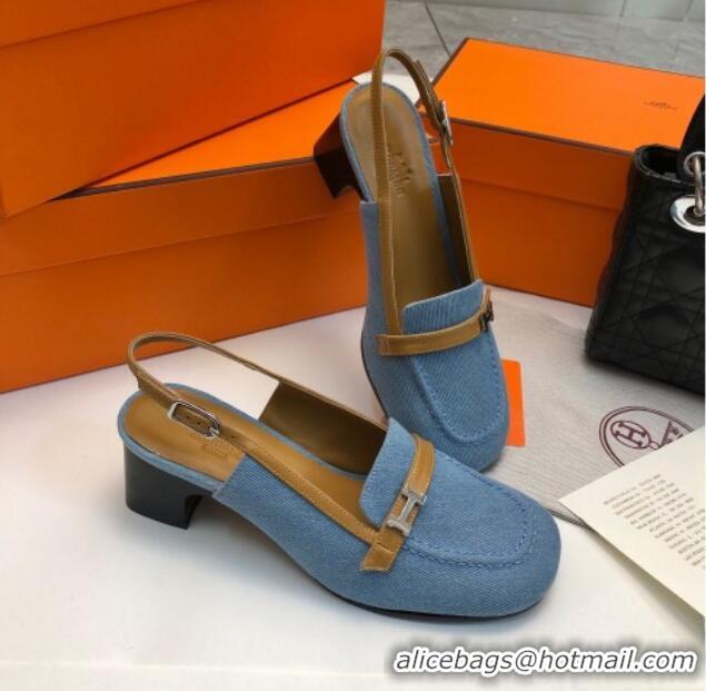 Good Quality Hermes Infinie Slingback Pumps 5cm in Denim Light Blue 104001