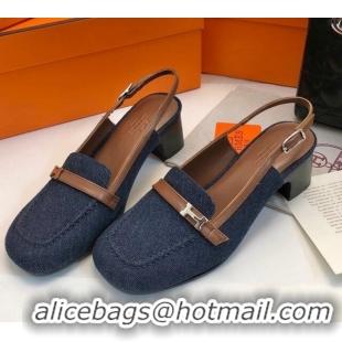 Good Looking Hermes Infinie Slingback Pumps 5cm in Denim Dark Blue 104002