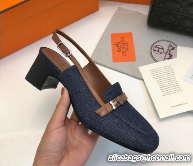 Good Looking Hermes Infinie Slingback Pumps 5cm in Denim Dark Blue 104002