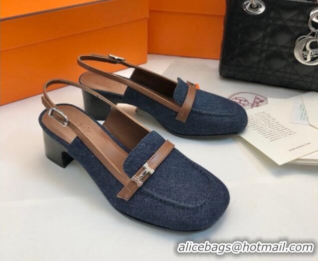 Good Looking Hermes Infinie Slingback Pumps 5cm in Denim Dark Blue 104002