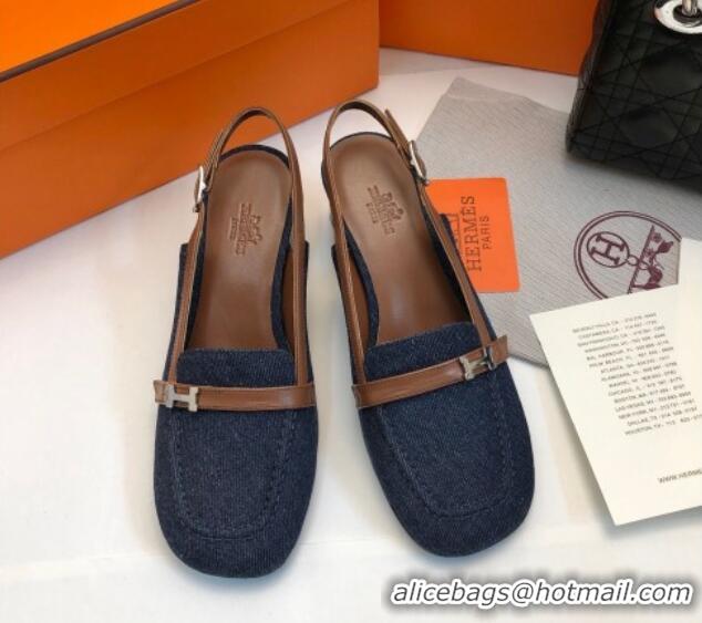 Good Looking Hermes Infinie Slingback Pumps 5cm in Denim Dark Blue 104002