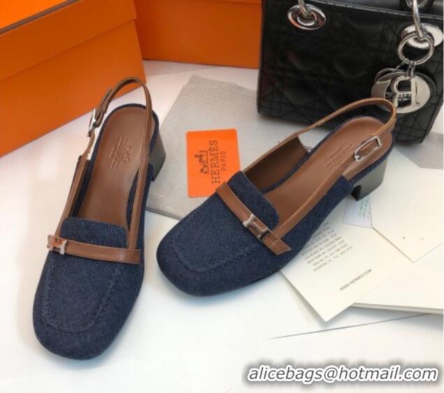 Good Looking Hermes Infinie Slingback Pumps 5cm in Denim Dark Blue 104002