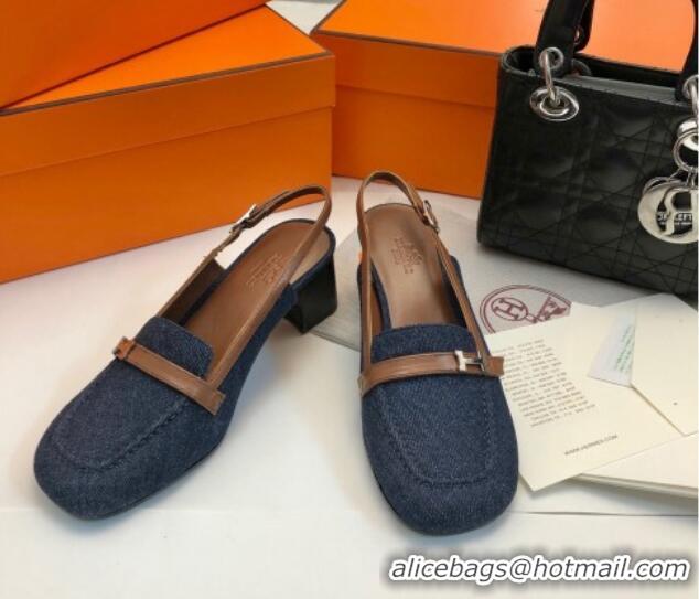 Good Looking Hermes Infinie Slingback Pumps 5cm in Denim Dark Blue 104002