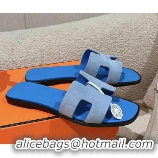 Good Quality Hermes Classic Oran Flat Slide Sandals in Suede Blue 104003