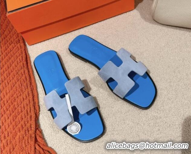 Good Quality Hermes Classic Oran Flat Slide Sandals in Suede Blue 104003