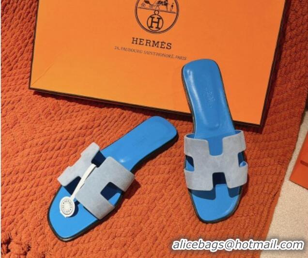 Good Quality Hermes Classic Oran Flat Slide Sandals in Suede Blue 104003