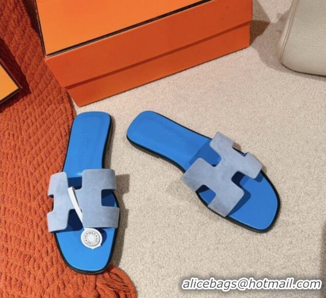 Good Quality Hermes Classic Oran Flat Slide Sandals in Suede Blue 104003