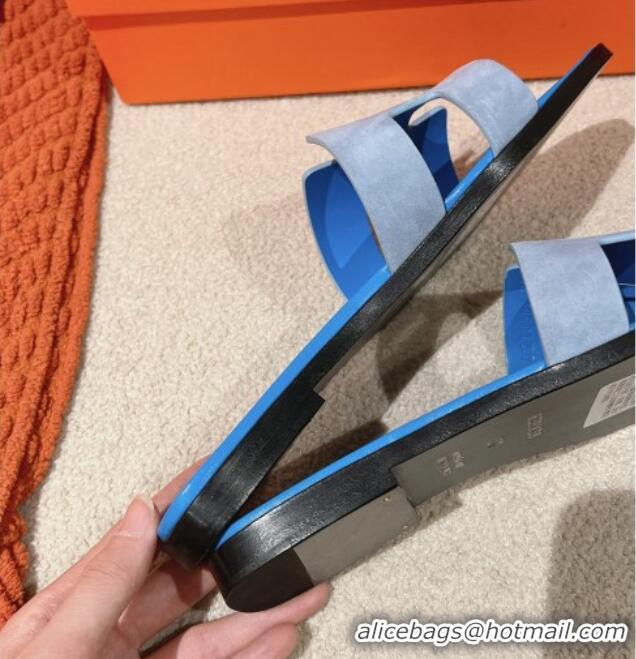 Good Quality Hermes Classic Oran Flat Slide Sandals in Suede Blue 104003