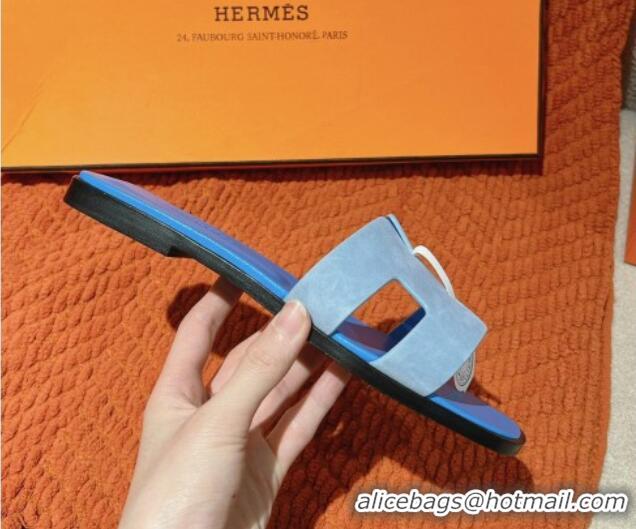 Good Quality Hermes Classic Oran Flat Slide Sandals in Suede Blue 104003